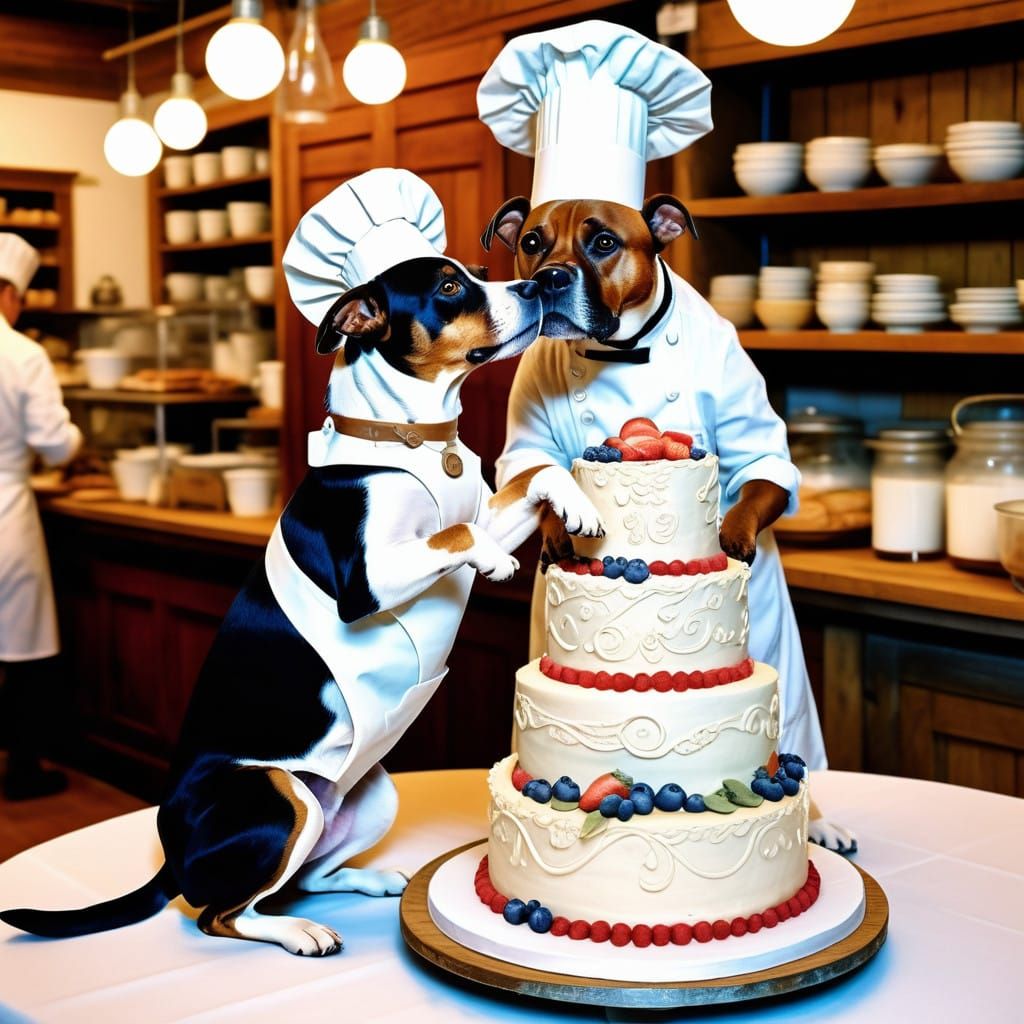 Whimsical Dog Pours Heart into Wedding Cake in Cozy Bakery