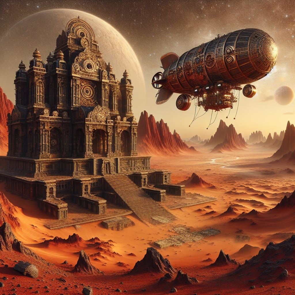 Steampunk Dirigible Over Ancient Martian Temple