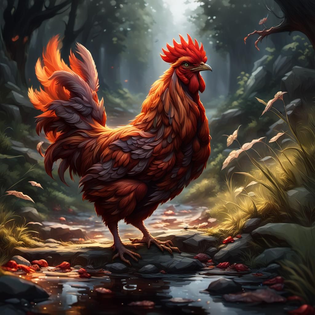 Attacked by a 2 month old  Road  Island Red Hen,  they have claws, they do cut. a masterpiece, 8k resolution, dark fanta...