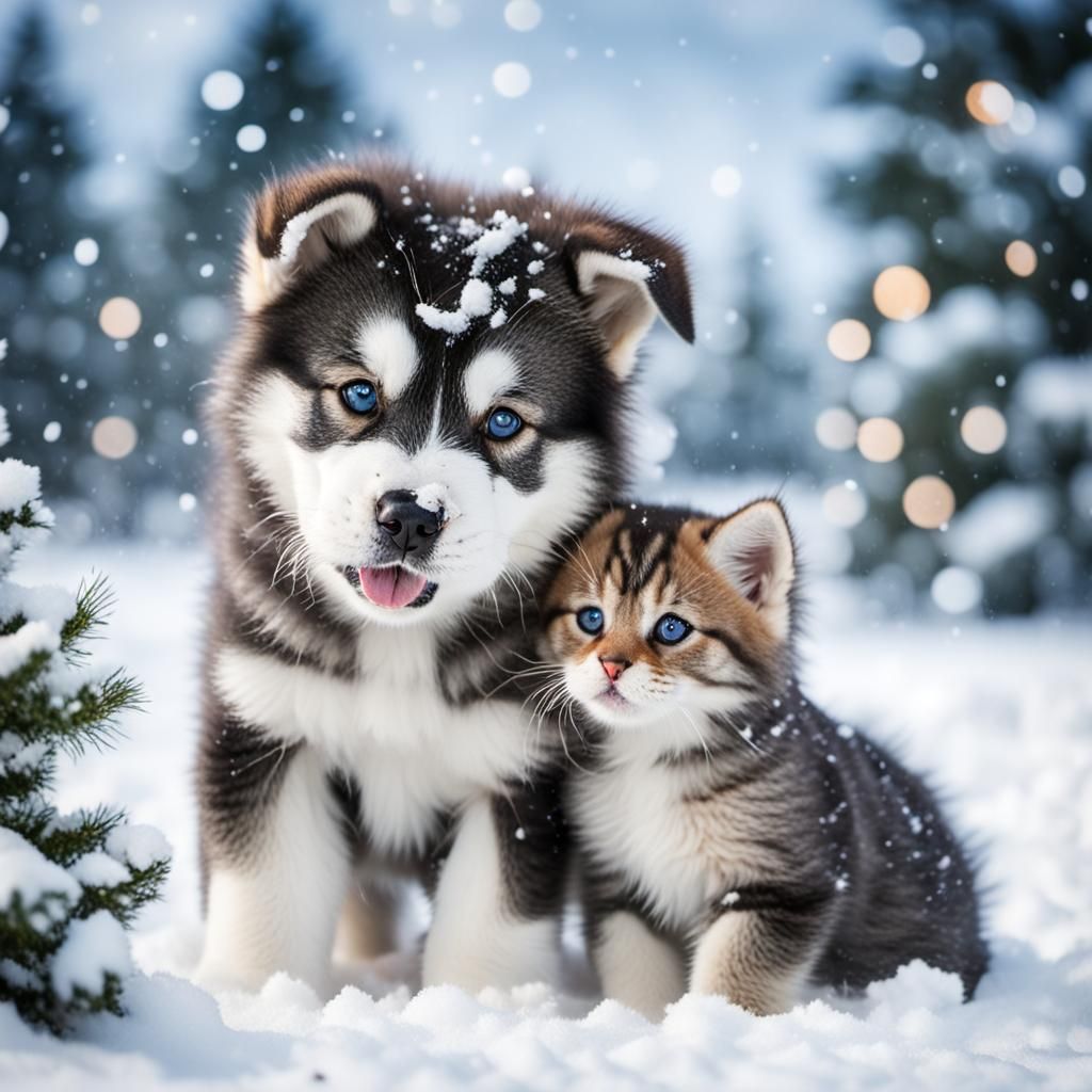 Alaskan Malamute puppy and a kitten