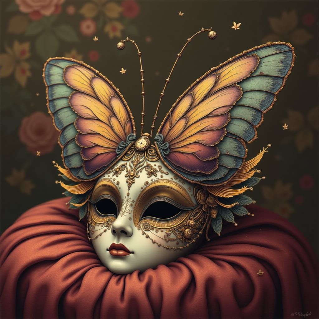 Opulent Venetian Mask on Velvet Cushion, Fine Art Illustrati...