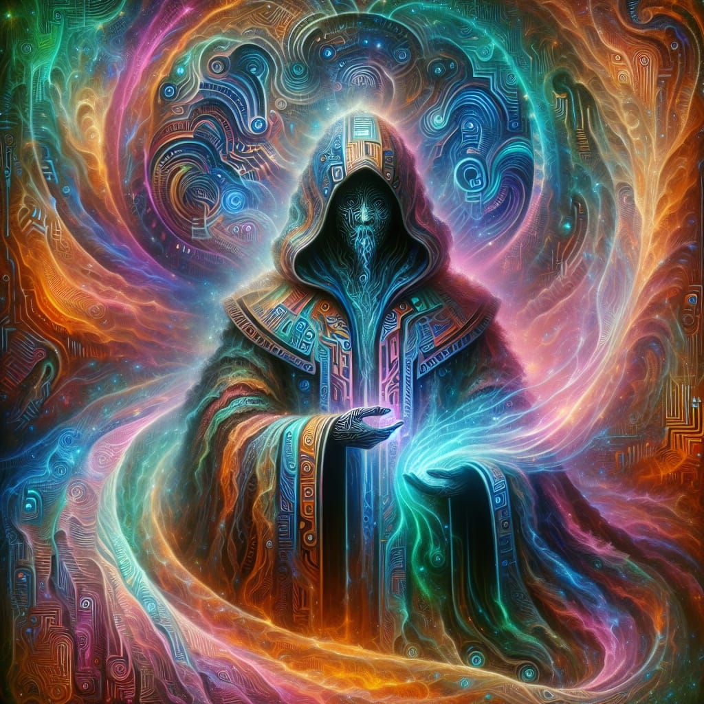 Mystical Shaman in Iridescent Neon Mist