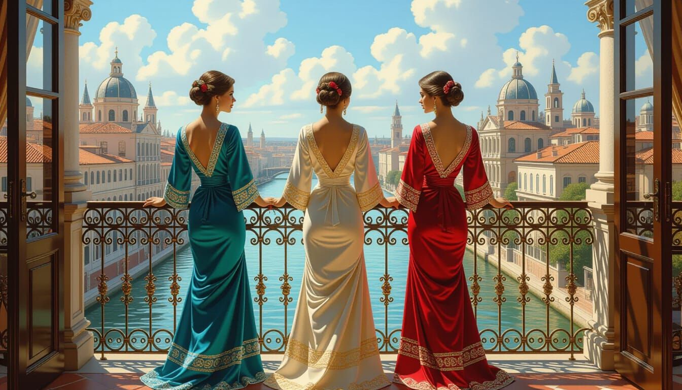 Baroque Oil Painting of Women on Balcony Overlooking Enchant...