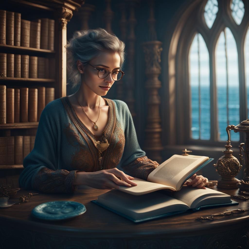 Woman Reading Book with Ocean Magic