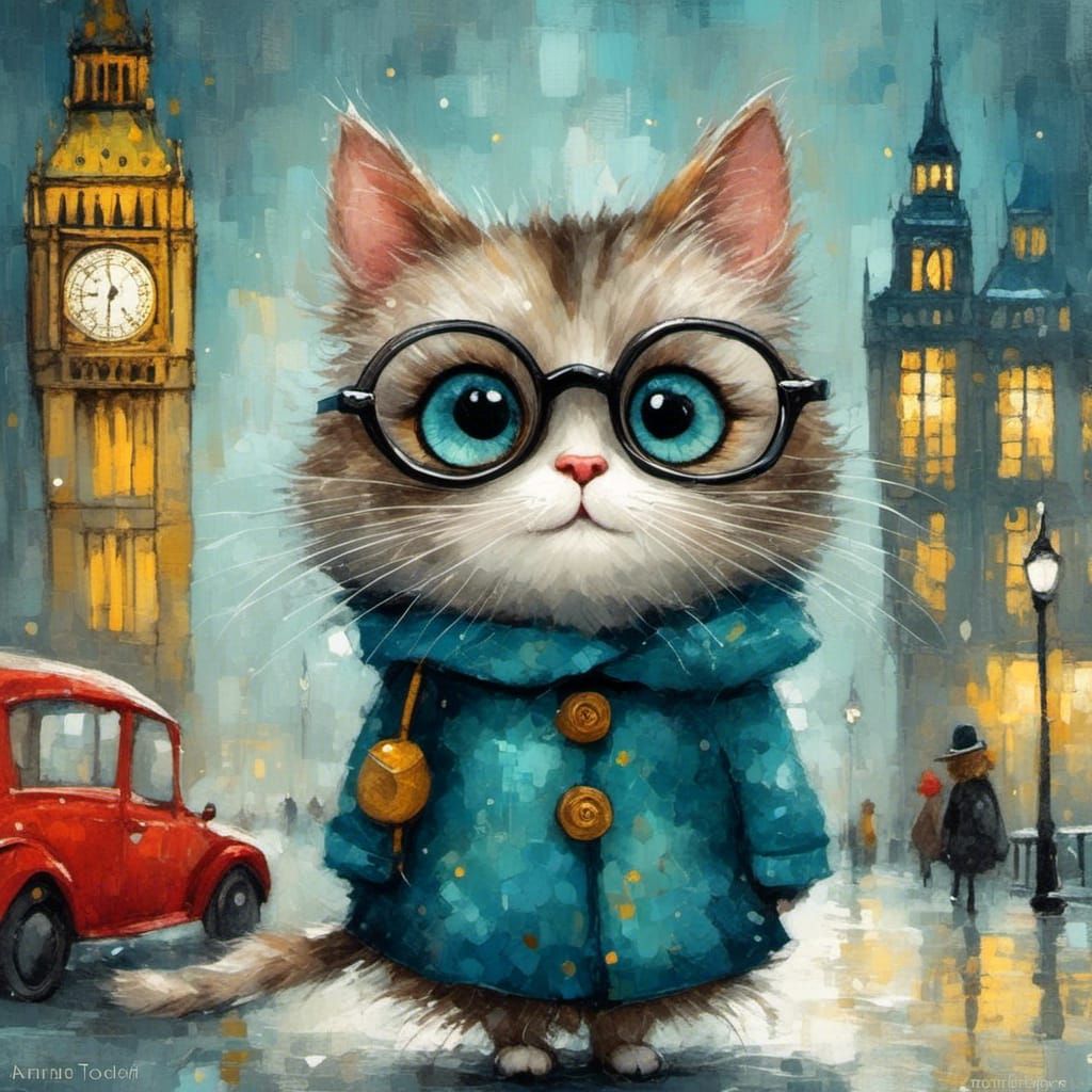 Whimsical Cat with Big Ben: Magical Illustration