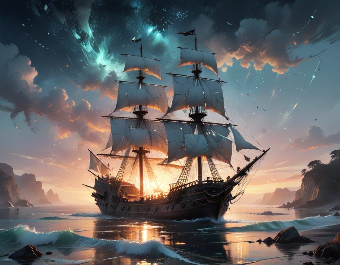 Pirate Ship on Glowing Bay at Night: Watercolour Art