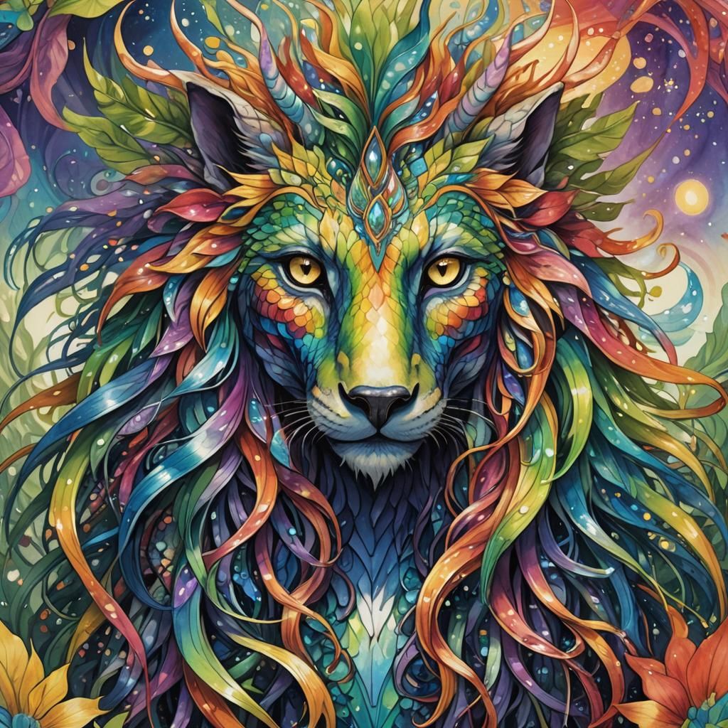 Rainbow Unicorn-Dragon Portrait on Lush Island