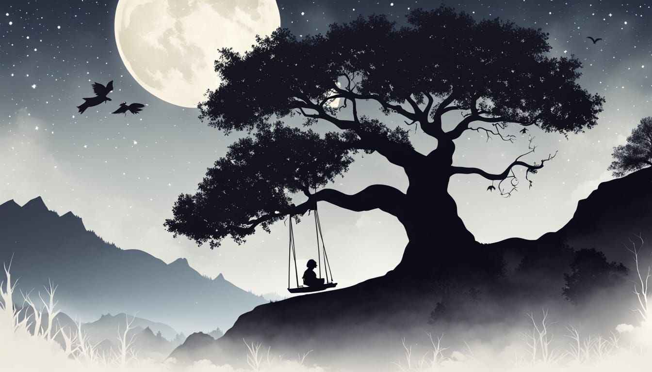 Girl on Tree Swing Under Enchanted Moonlight Sky