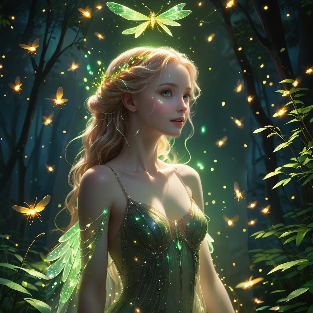 Ethereal Fairy Surrounded by Fireflies in Anime Style