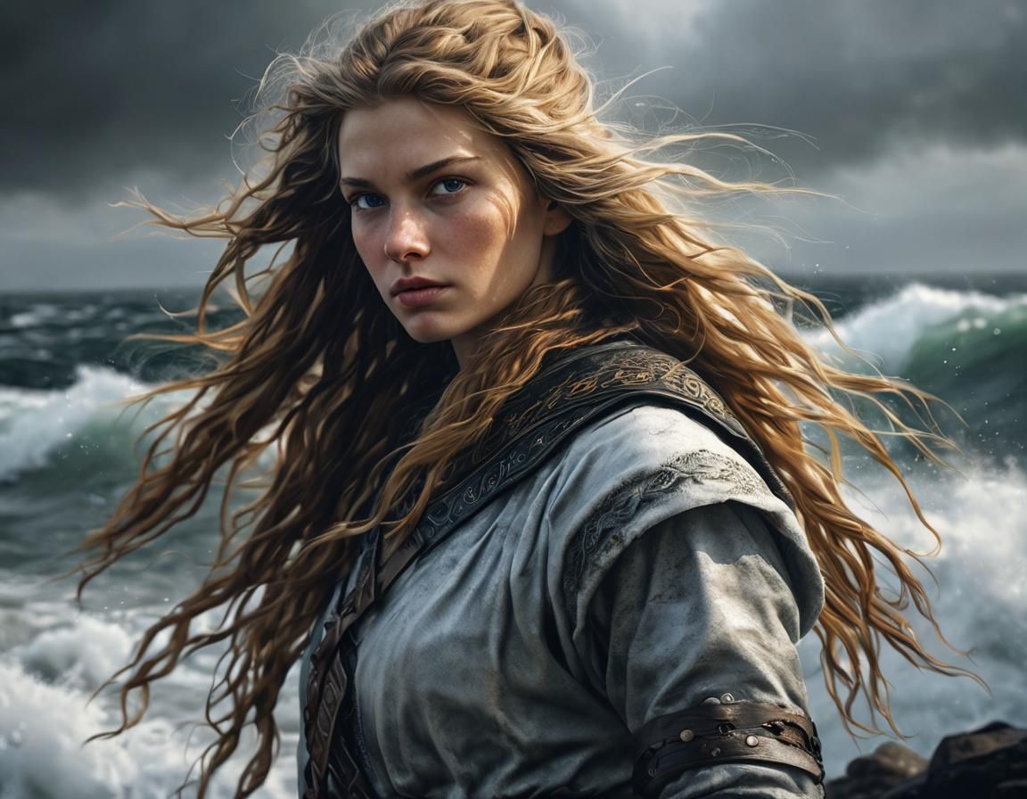 Viking Woman Portrait on Winter Beach in Oil Paint Style
