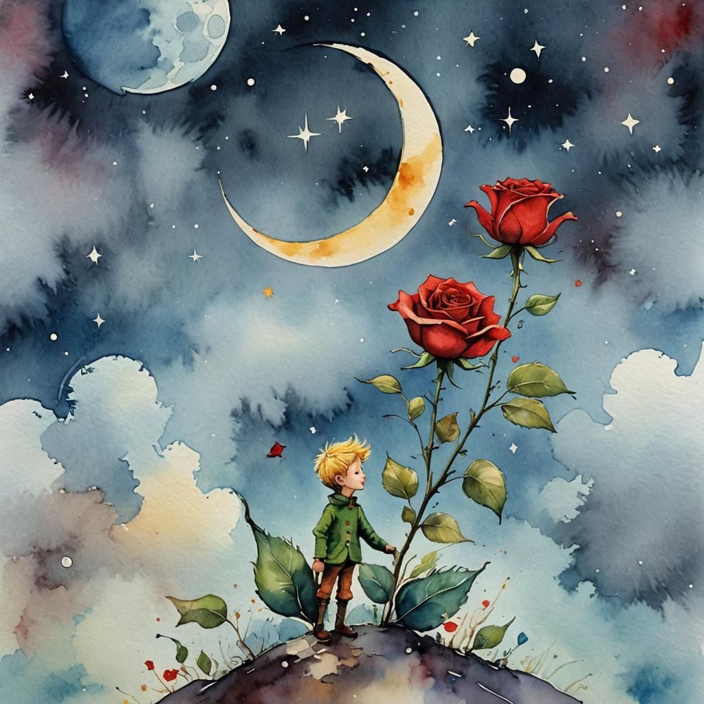 The Little Prince and Rose in Watercolor