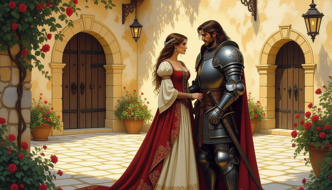 Medieval Woman with Armored Knight in Courtyard