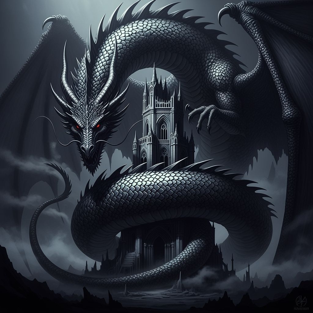 Ancient Dragon Coiled Around Gothic Tower in Dark Fantasy St...