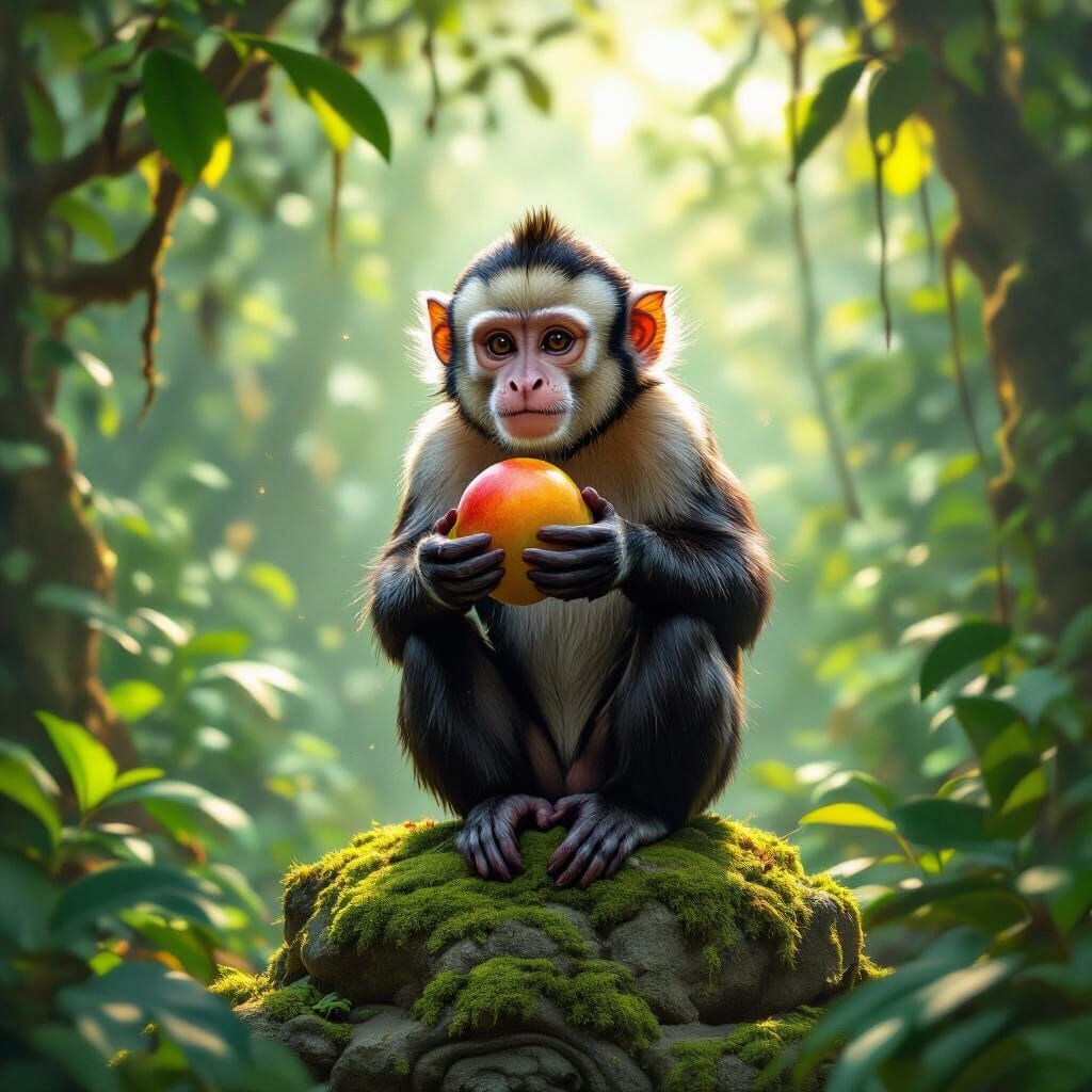 Curious Capuchin Monkey with Mango in Jungle