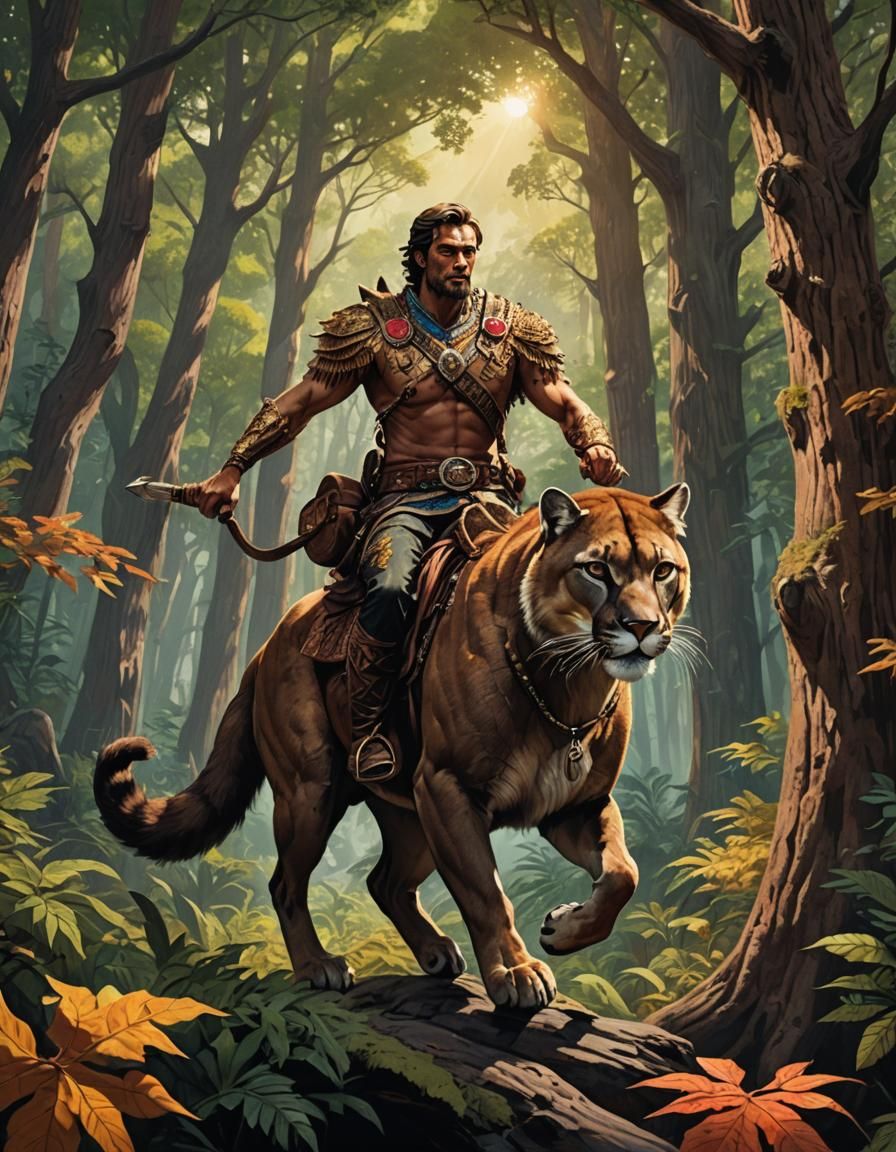 Fantasy Warcat and Rider in Lush Forest