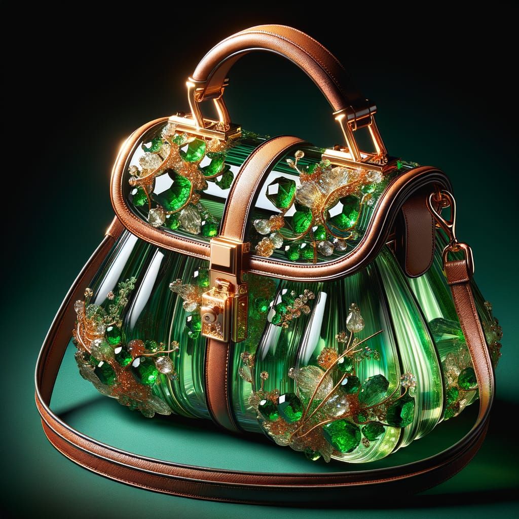 Luxury Glass Handbag with Green Crystals and Golden Hardware...