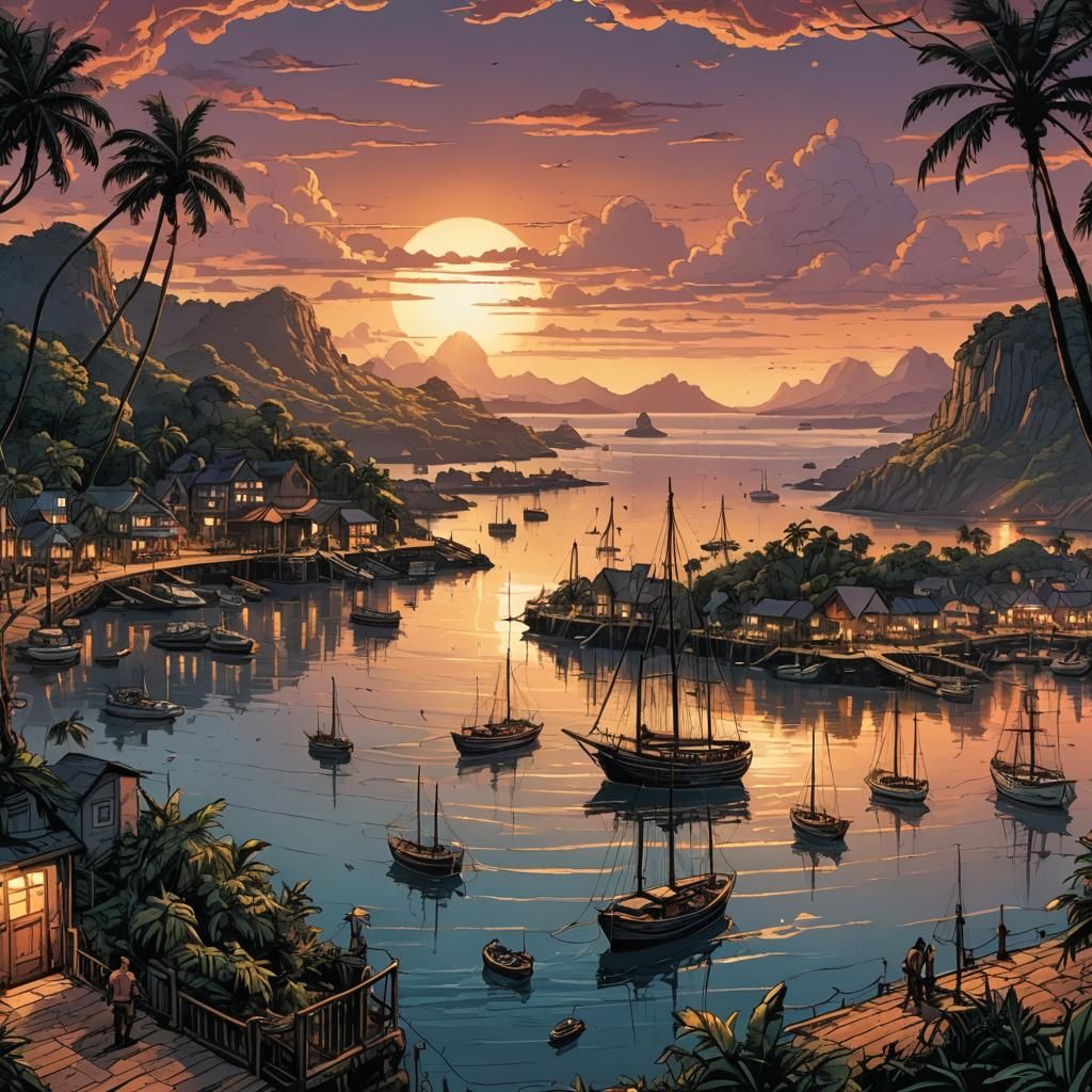 Tropical Island Sunset in Comic Book Art Style