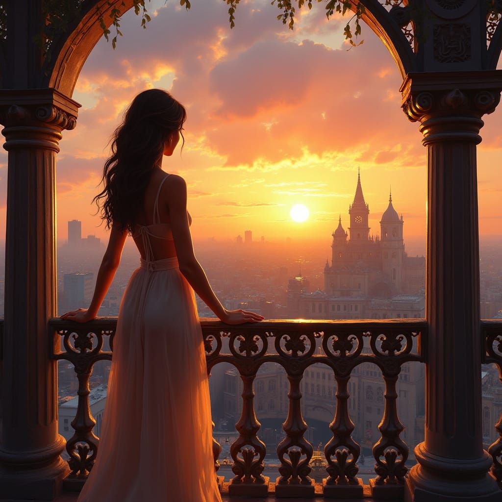 Balcony View of Cityscape Sunset in Retrofuture Style