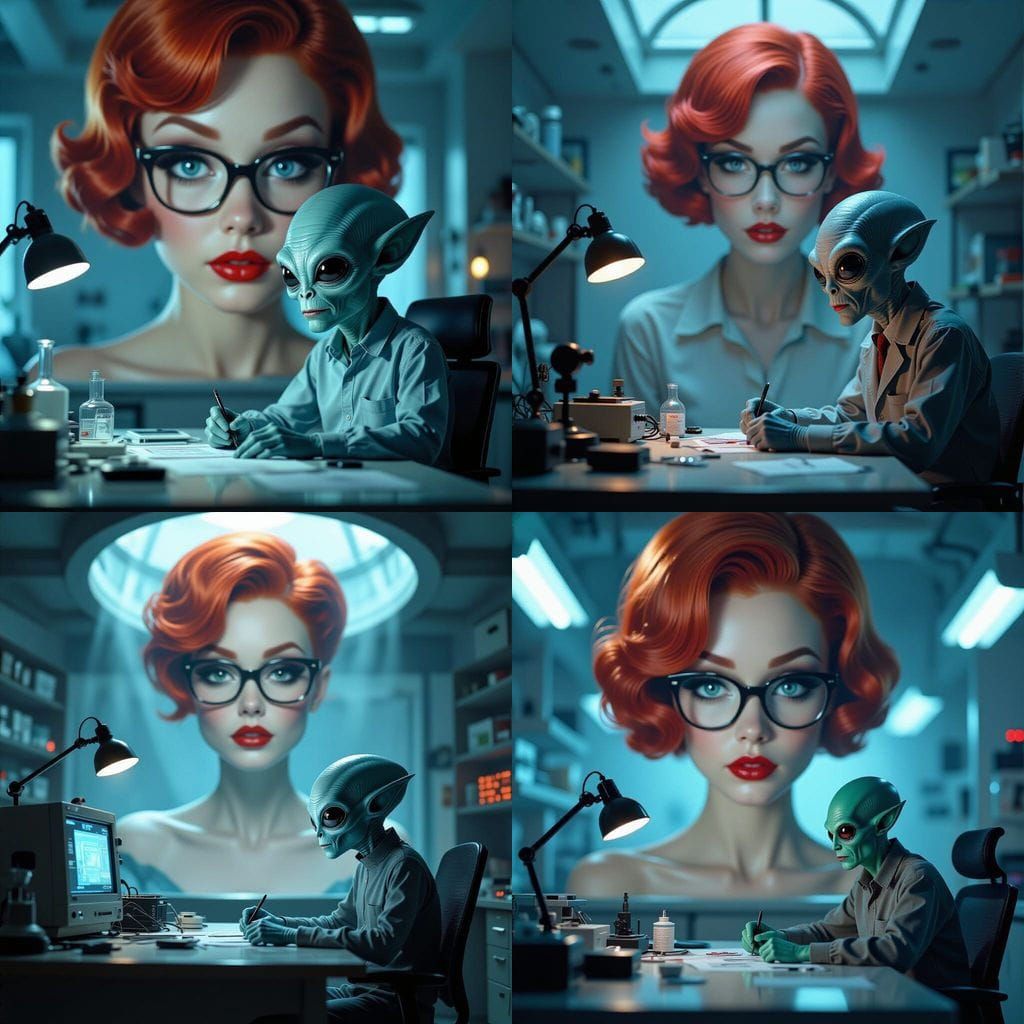 Gray Alien Tinkering in Lab as Ethereal Visage Looms