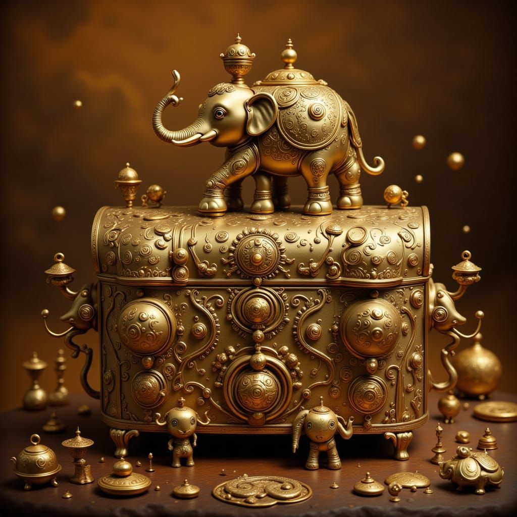 Golden Elephants Adorned Treasure Chest