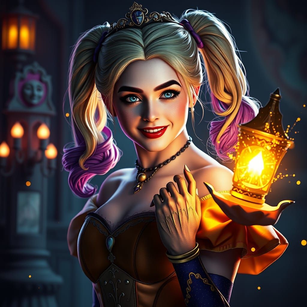 Harley Quinn as Enchanting Belle in Dark Fantasy Concept Art