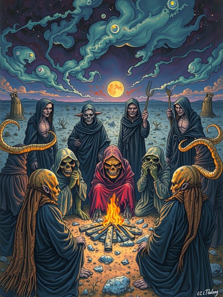 Grotesque Mutants Gather Around Bonfire in Lowbrow Art Style
