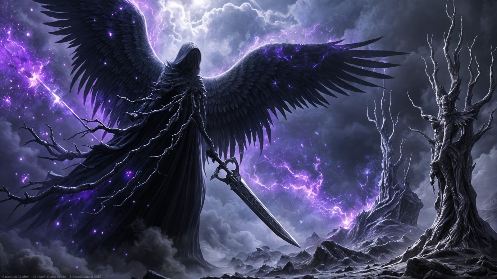 Dark Angel Descent in a Haunting Dark Fantasy Scene