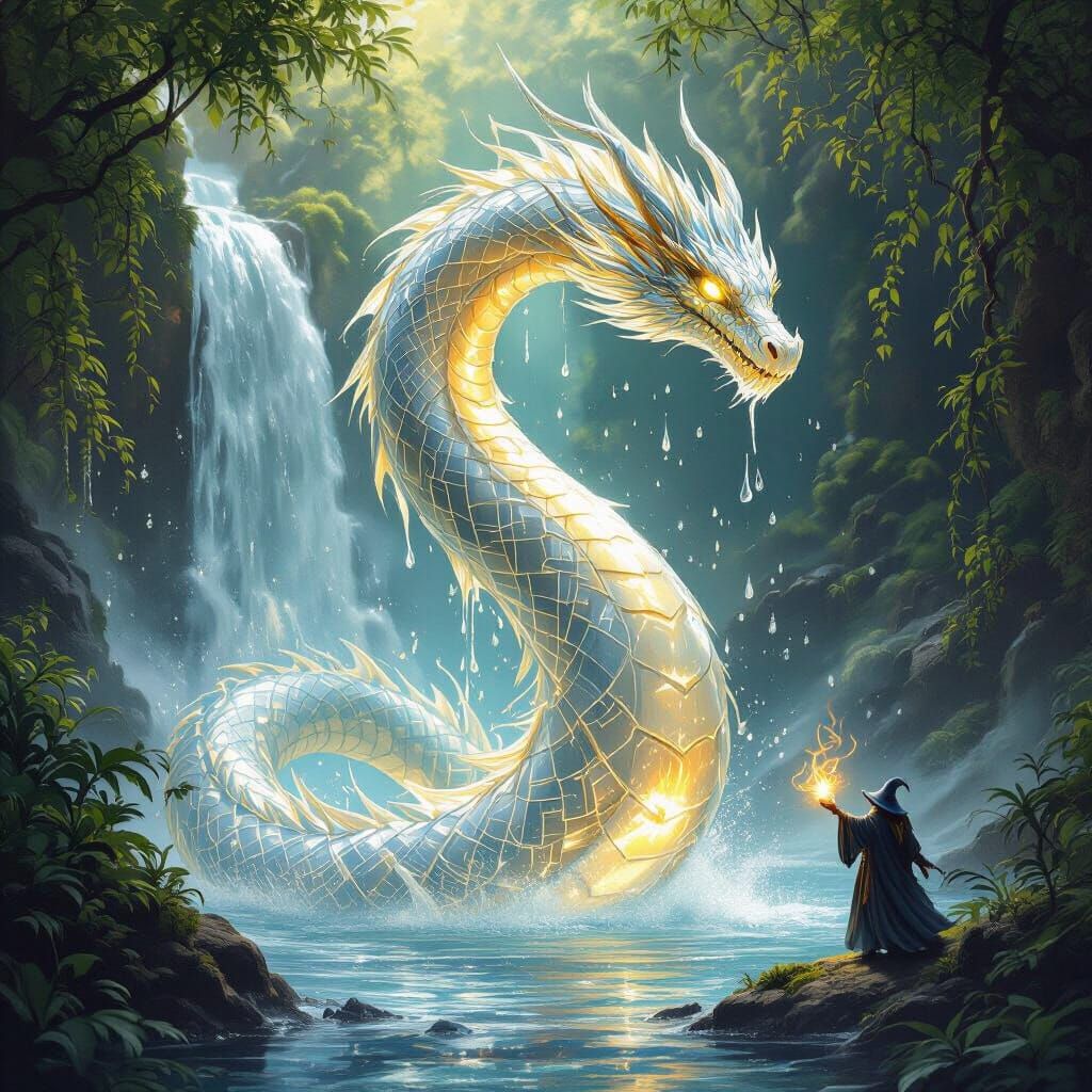 Bioluminescent Water Dragon Emerging From Waterfall