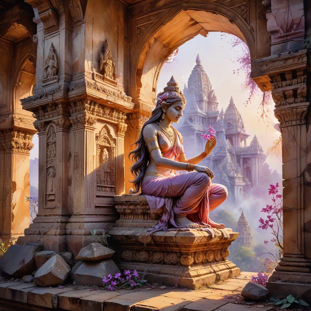 Sacred Khajuraho Temples at Dawn in Ethereal Violets and Gol...