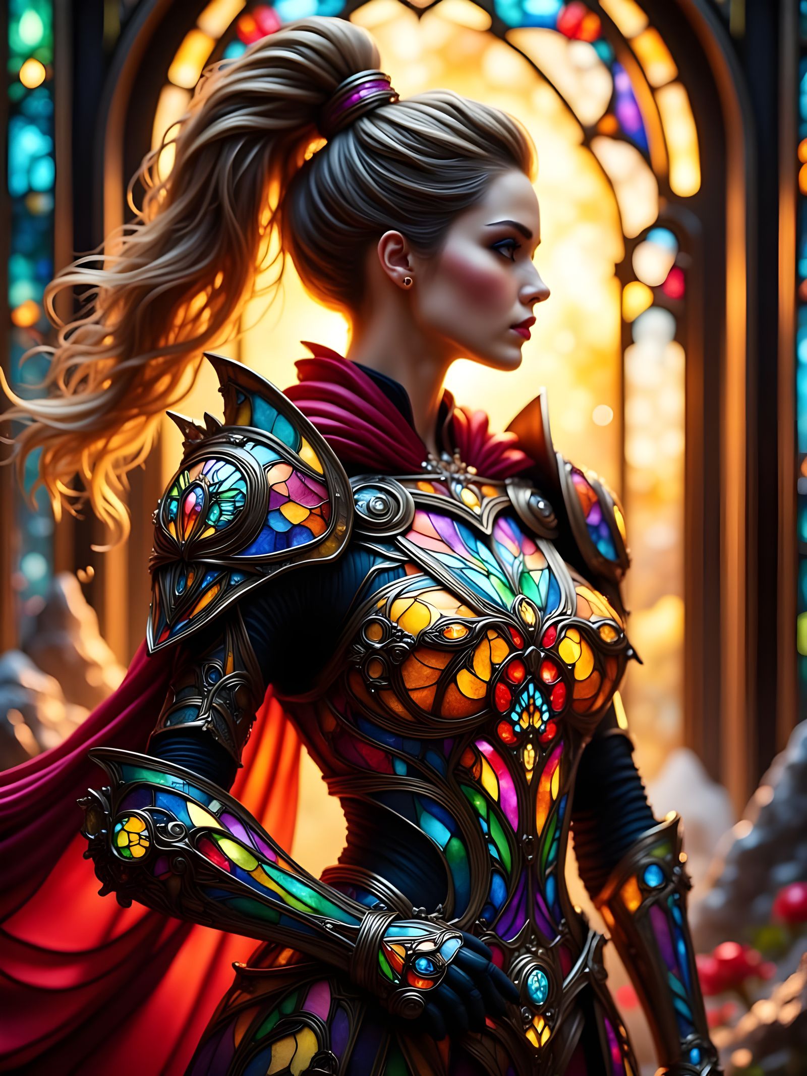 Gothic Stained Glass Warrior in Mosaic Armor