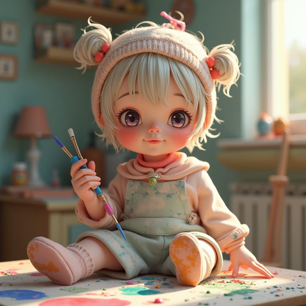 Pastel Kawaii Art Doll in Cozy Studio