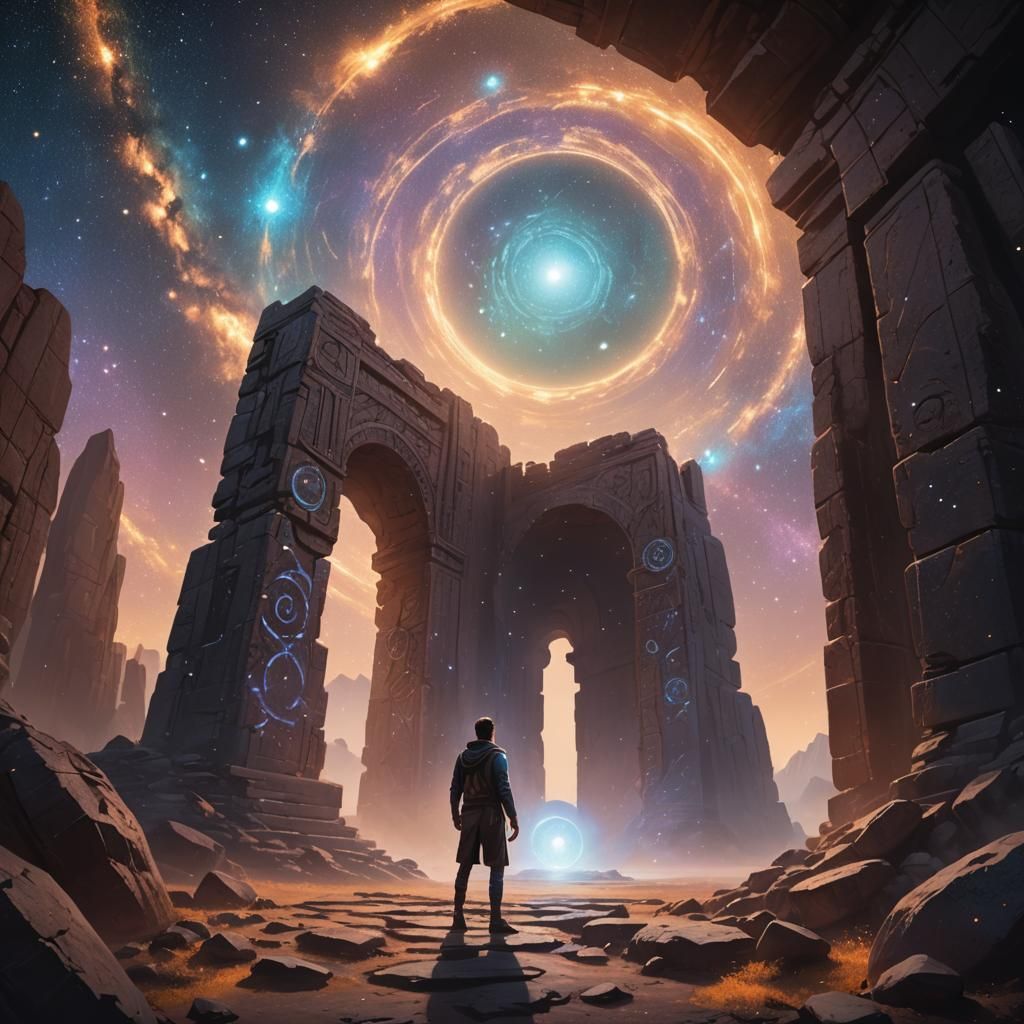 Man Gazing into Cosmic Portal: Sci-Fi Concept Art