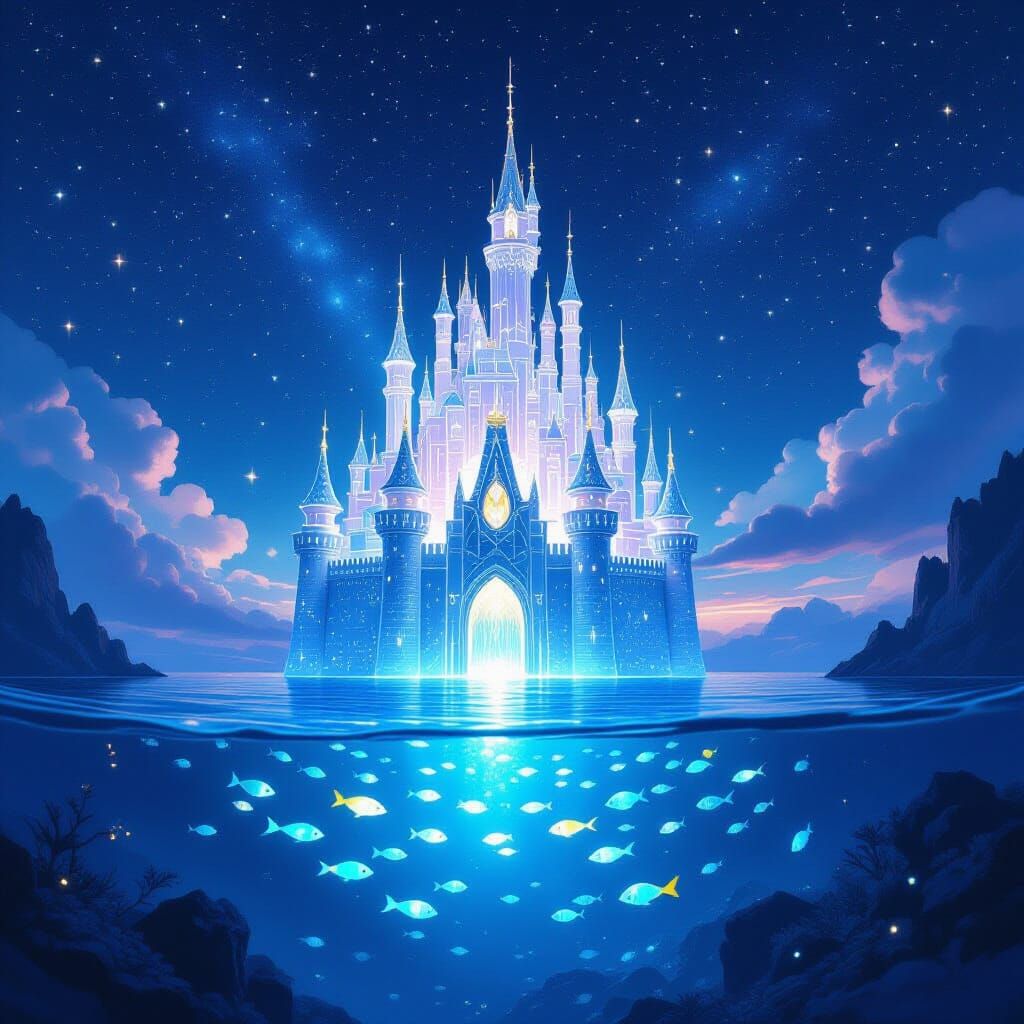 Bioluminescent Glass Castle Floating Above Starry Ocean