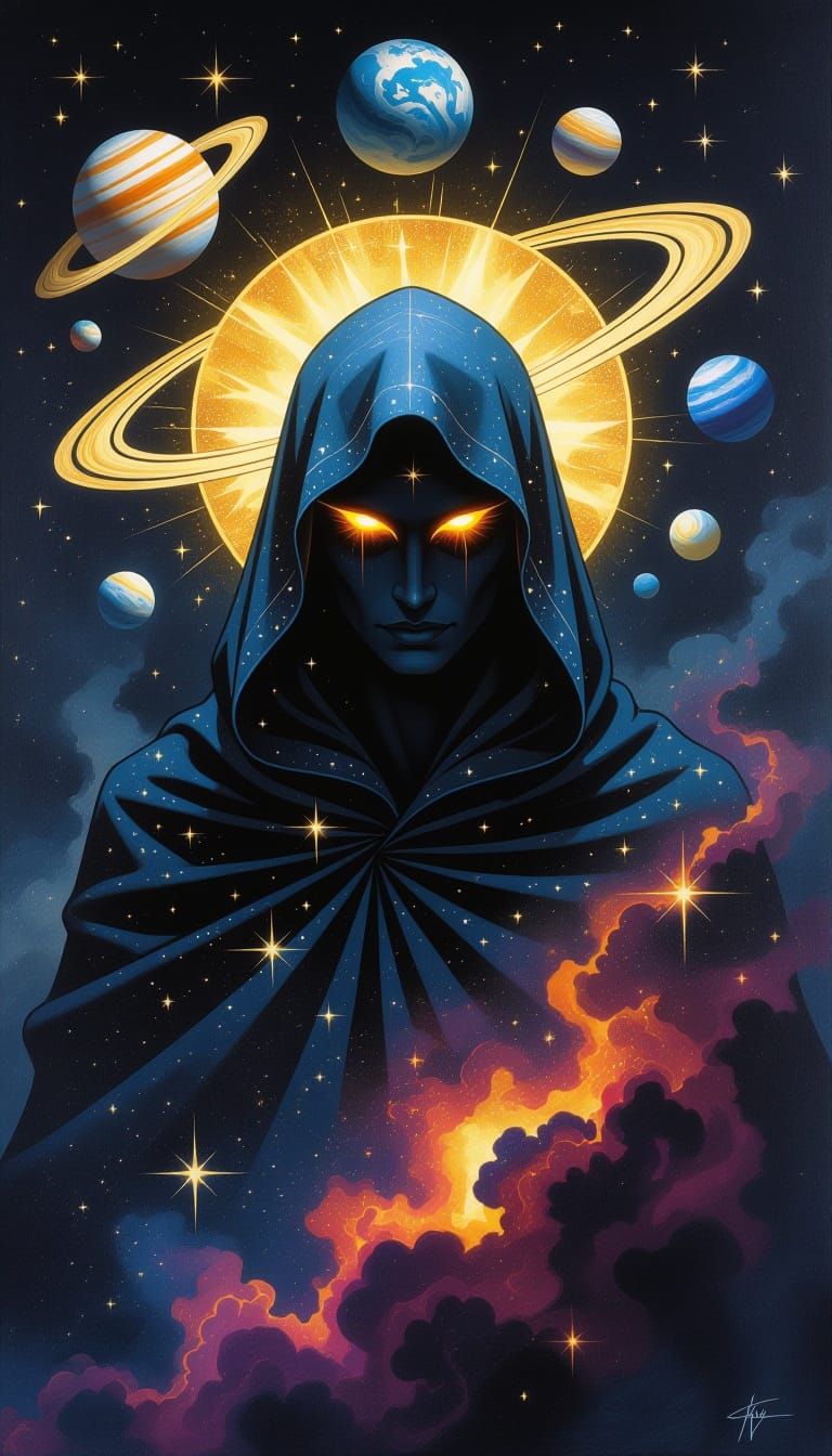 Celestial Being in Star-Cloaked Robe, Fiery Eyes