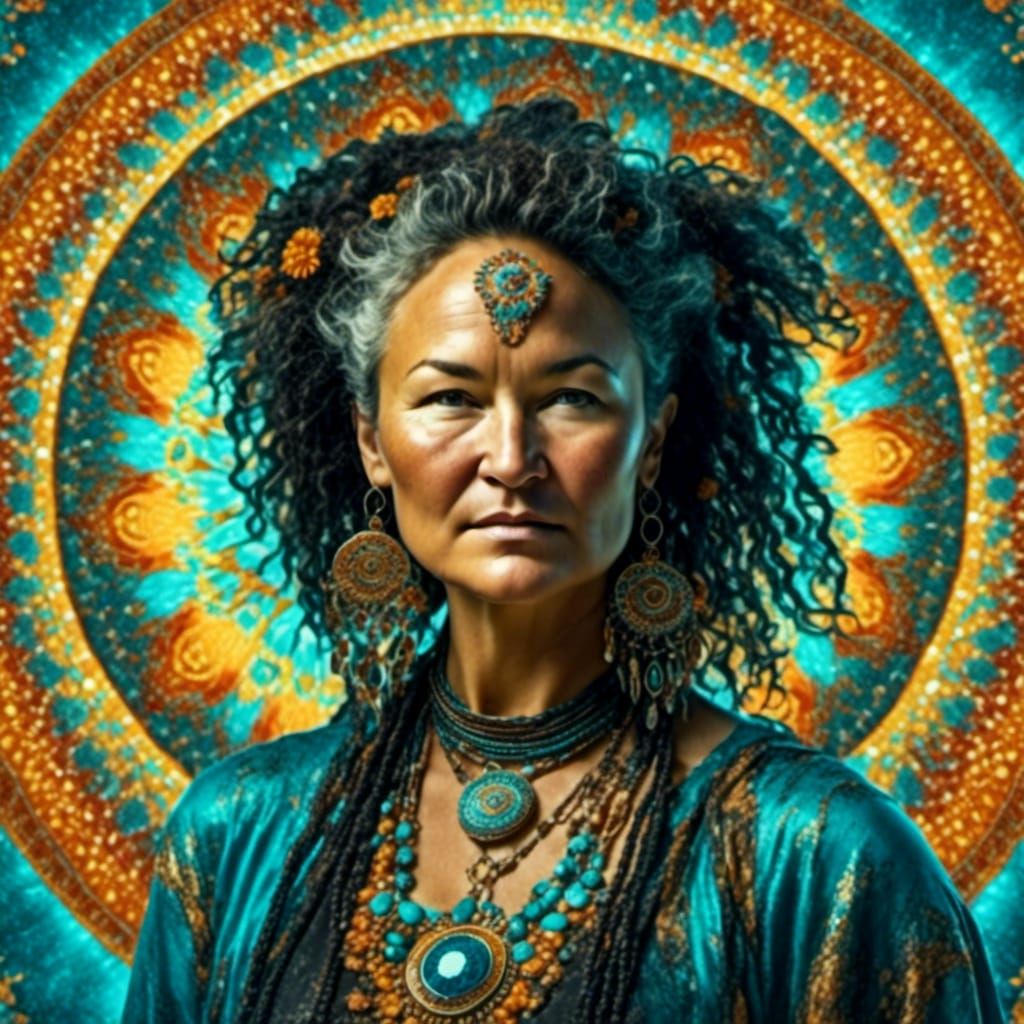 <lora:kaleidoscopeStyle:1.0> <lora:IndigenousWoman:1.0> background: radial kaleidoscope, pretty colors Indigenous woman ...