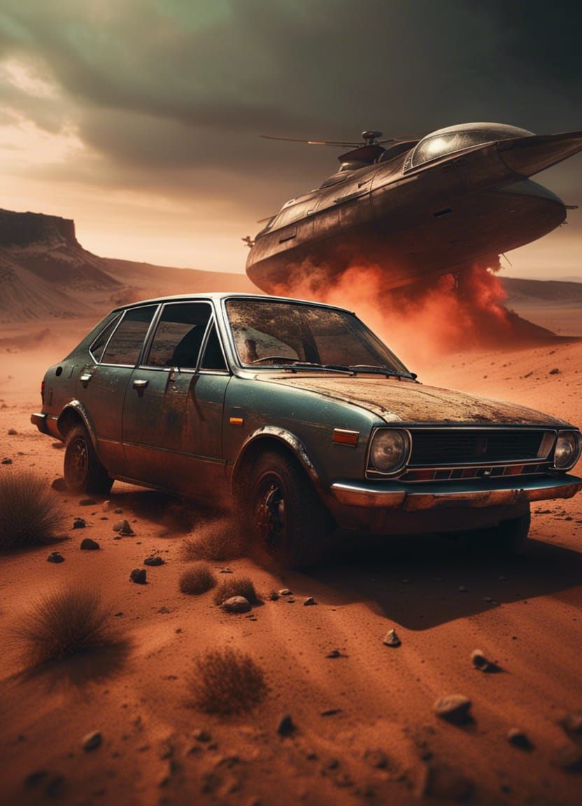 Wrecked Car in Volcanic Desert with Alien Spacecraft