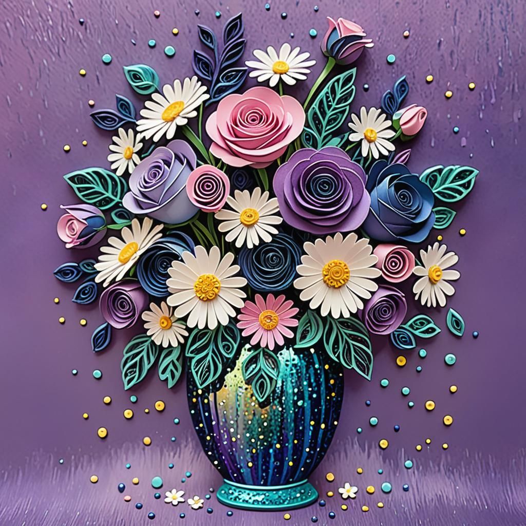 Delicate Quilled Roses and Daisies in a Shimmering Purple Va...