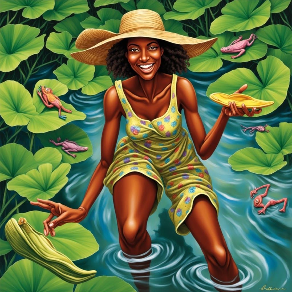 Vibrant Woman in Serene Pond Landscape