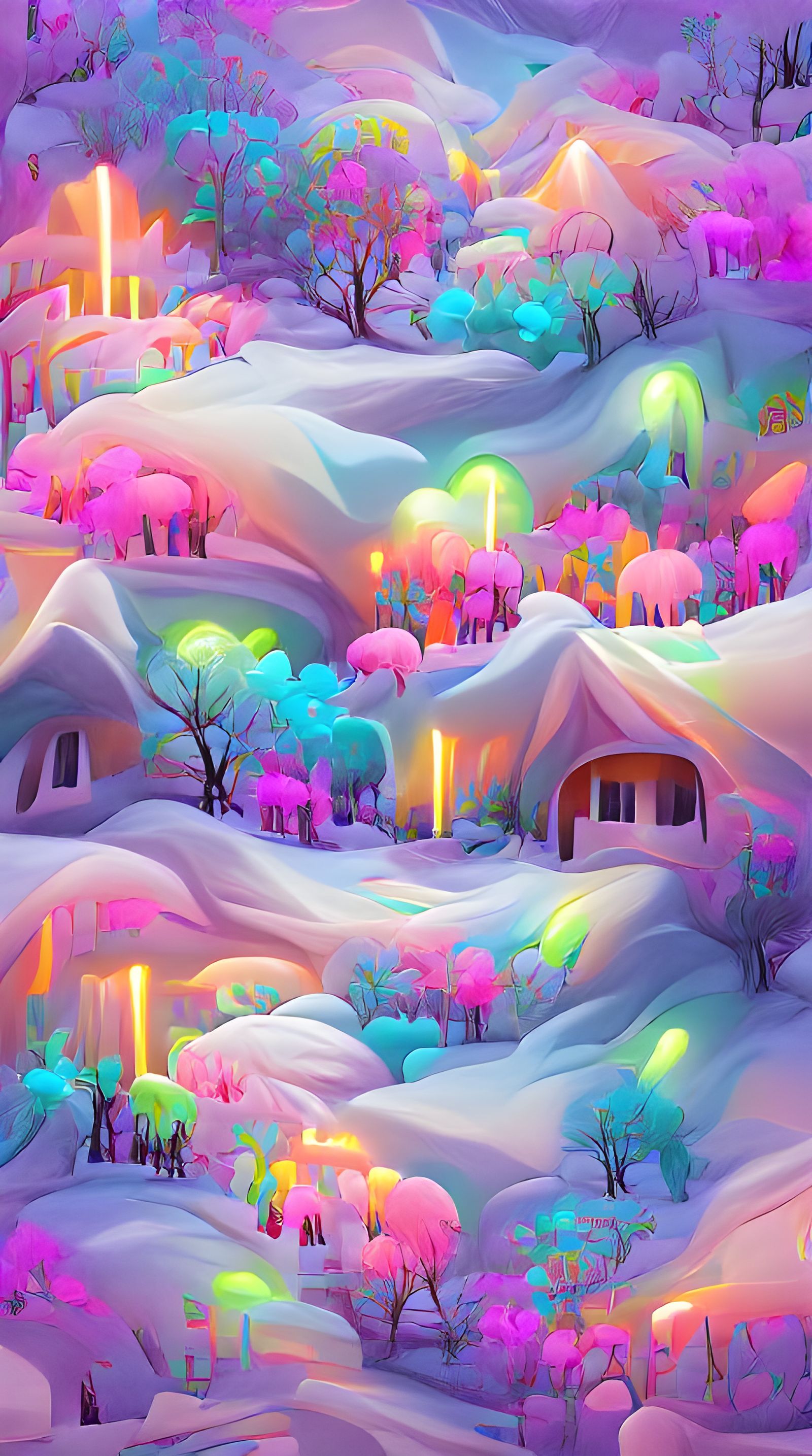 Neon Pastel Forest Cottages in Snowy Landscape