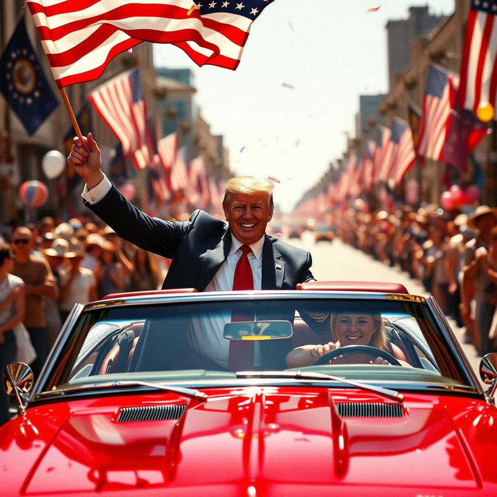 Donald Trump Waving Flag in Classic Car Parade
