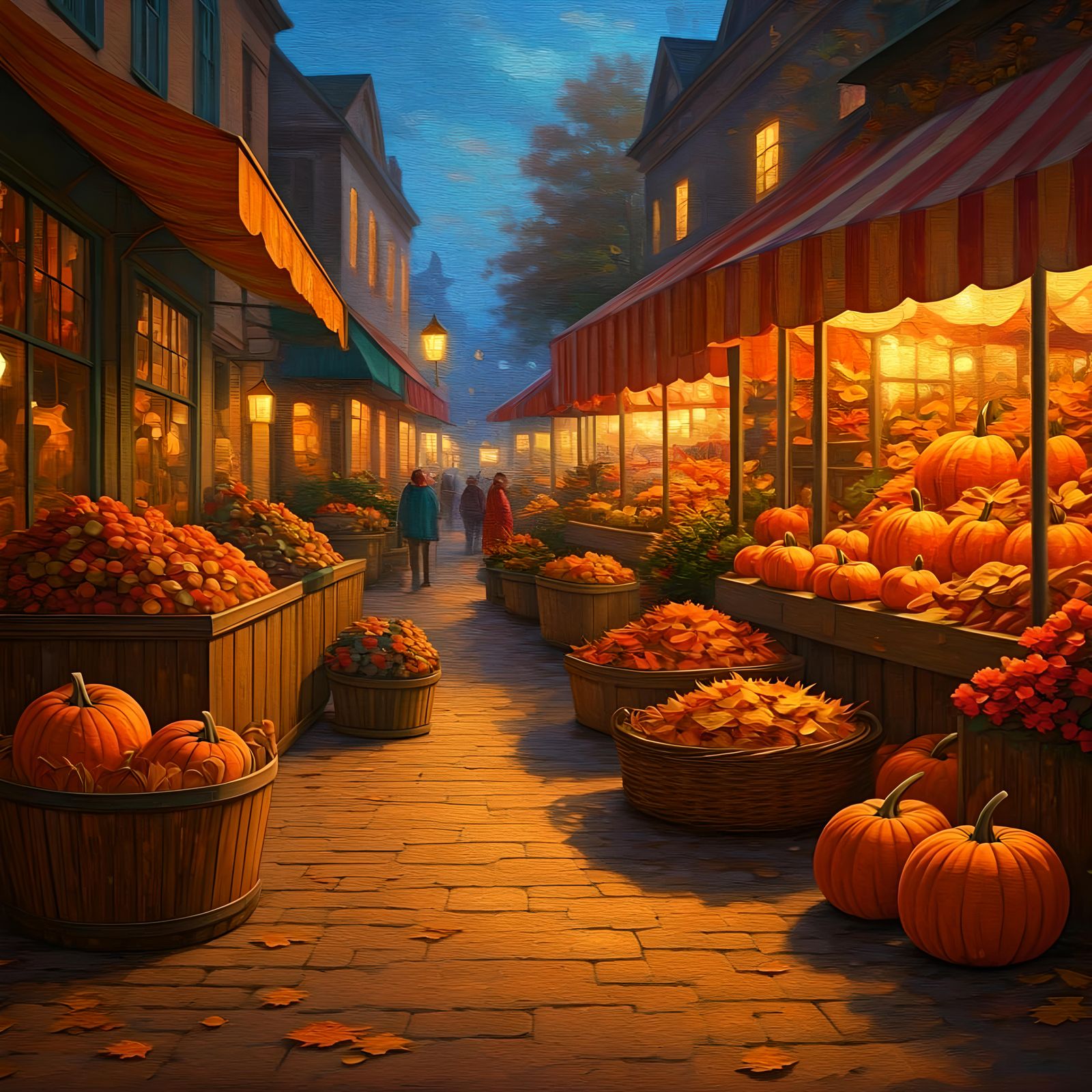 Autumnal Scene with Pumpkins and Colorful Leaves