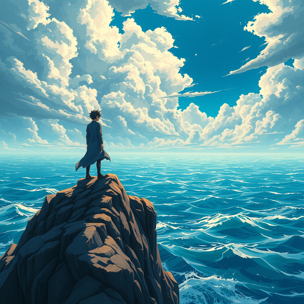 Anime Figure on Windswept Cliff with Dramatic Lighting