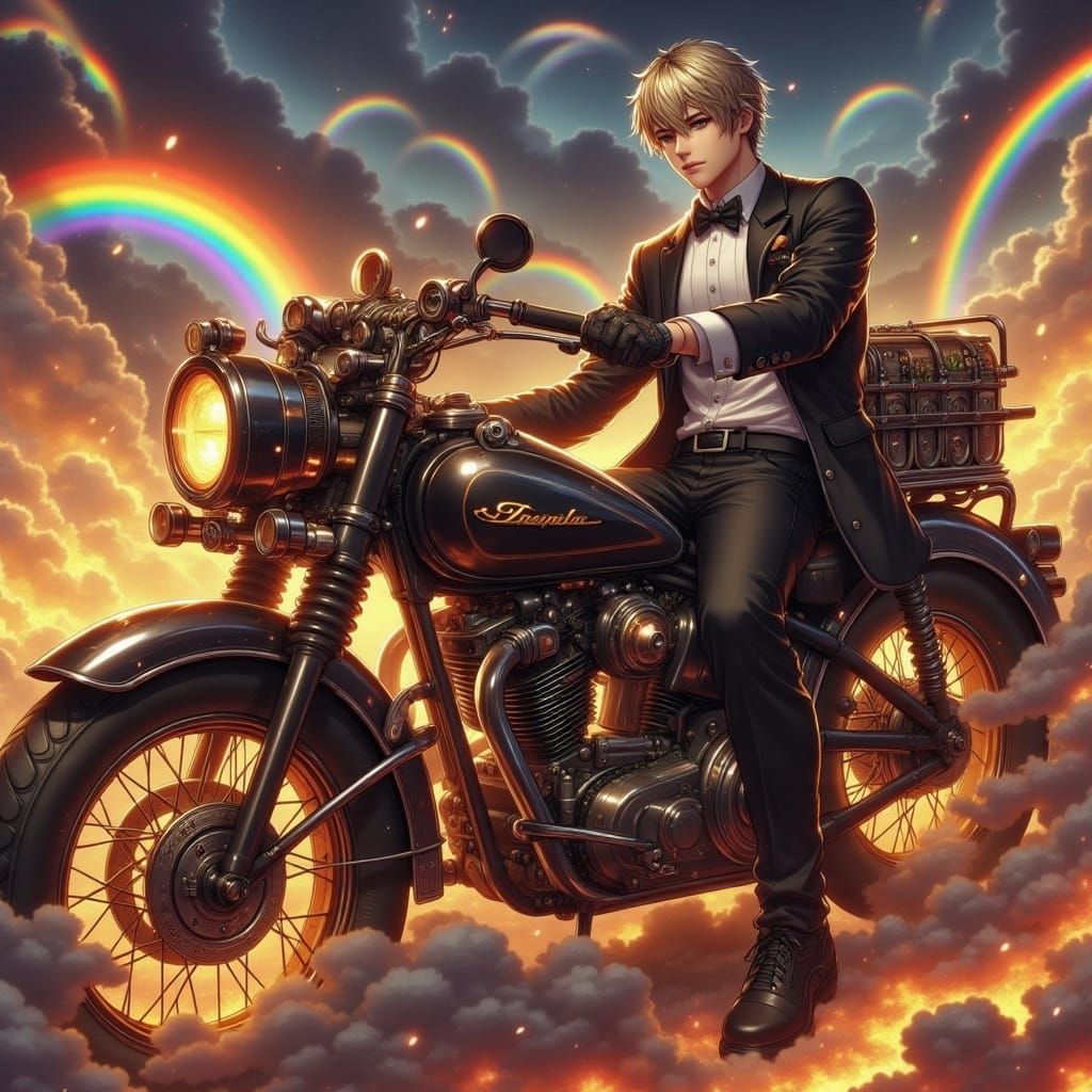Steampunk Bike and Rainbow Anime Man
