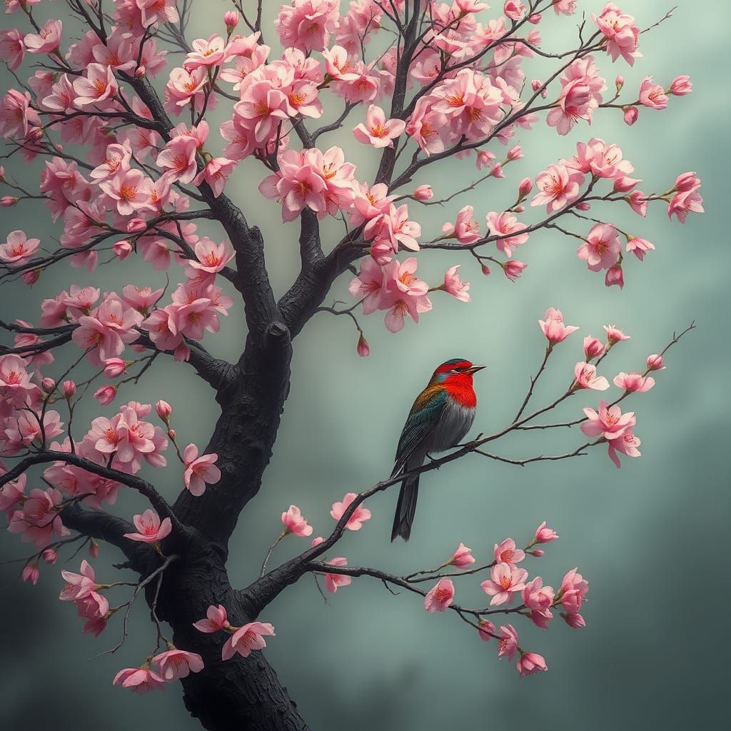 A striking tree with vibrant pink blossoms hosts two elegant birds perched on its branches. The atmospheric, misty backg...