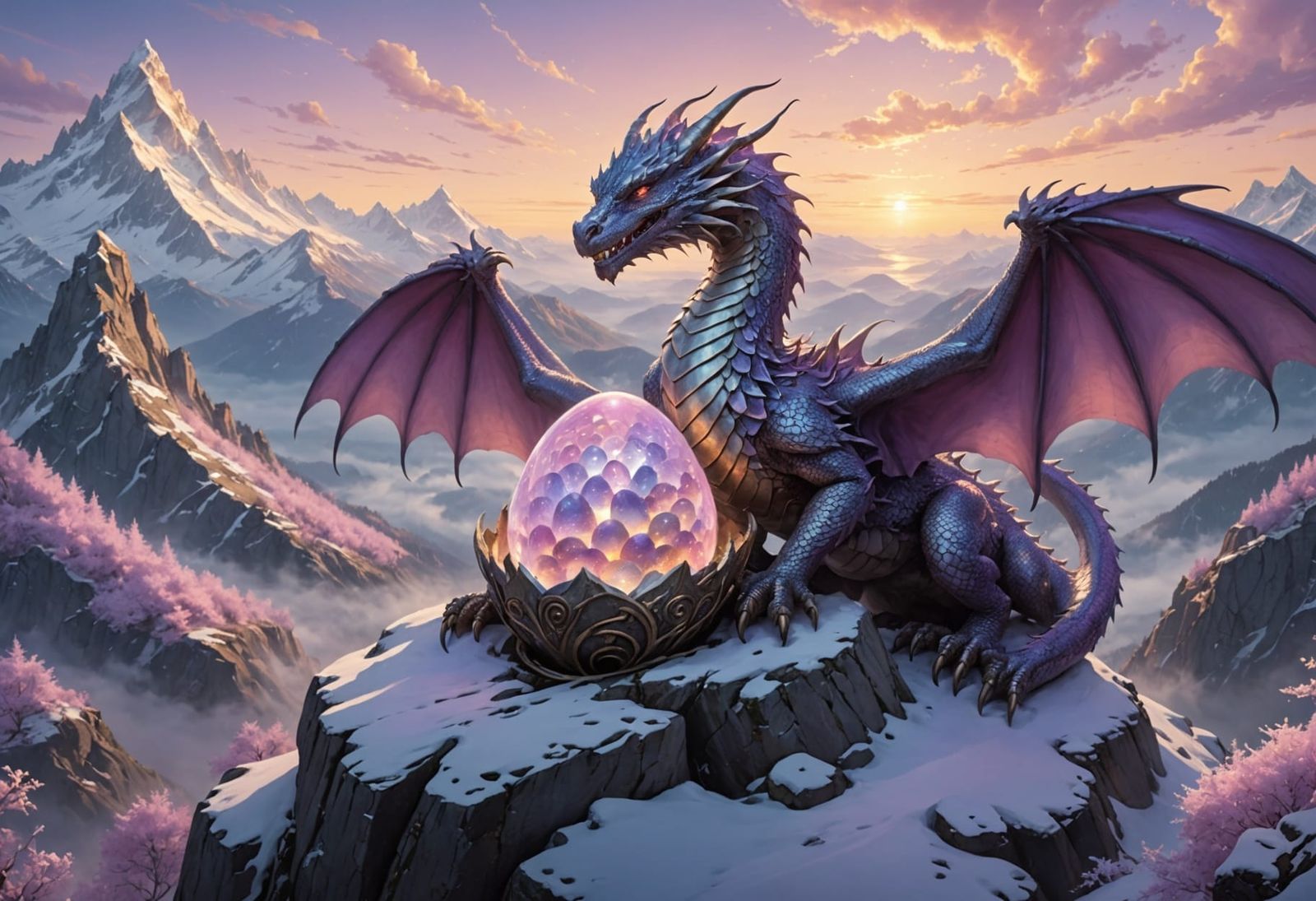 Majestic Silver Dragons Guard Hatchlings on Snowy Mountain P...