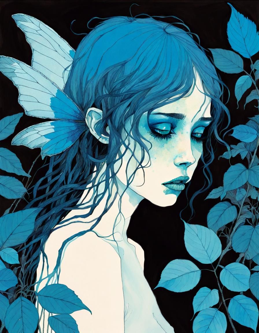 Creepy Fairy in Blue Jungle: Dark Fantasy Art