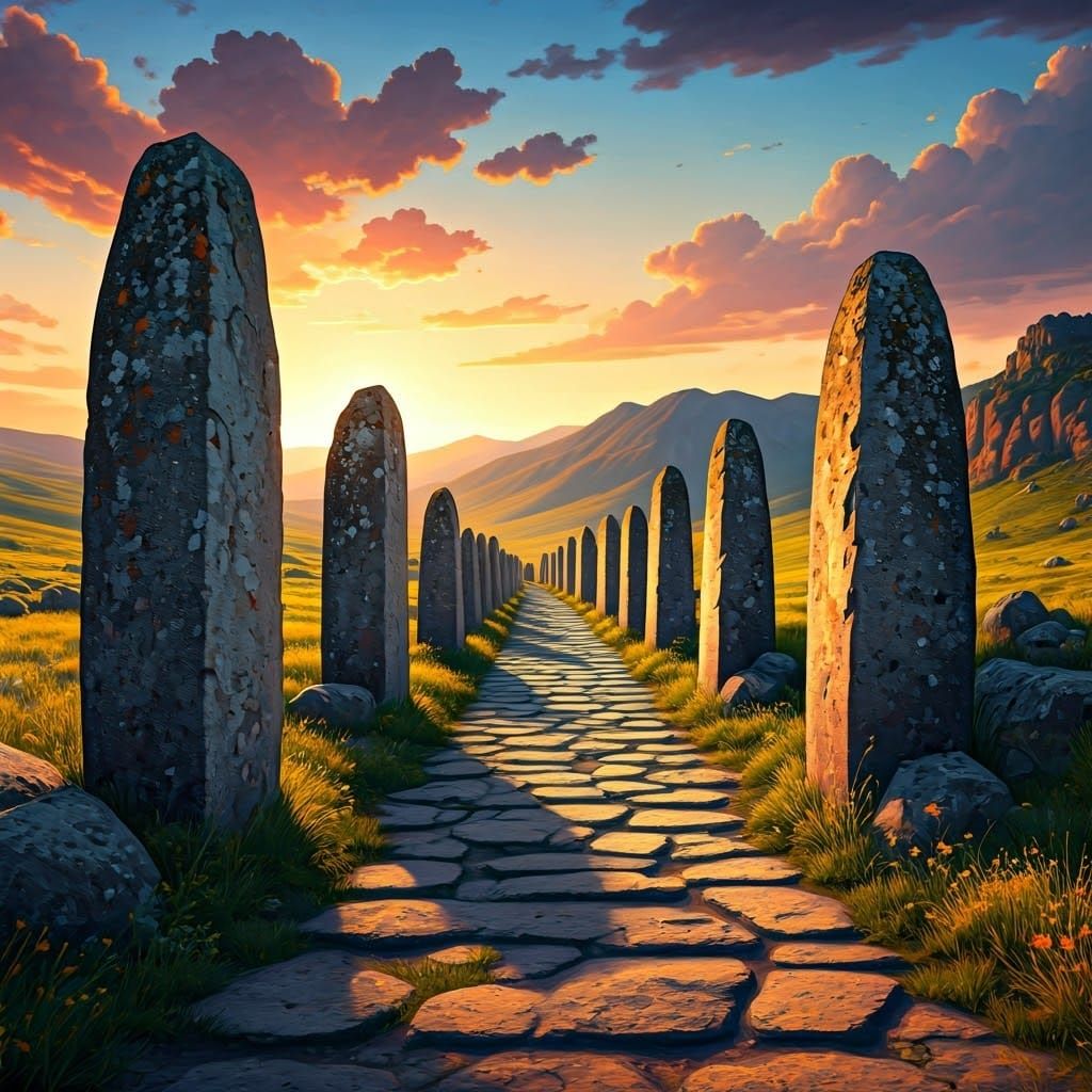 Ancient Armenian Megalithic Avenue in Realist Style