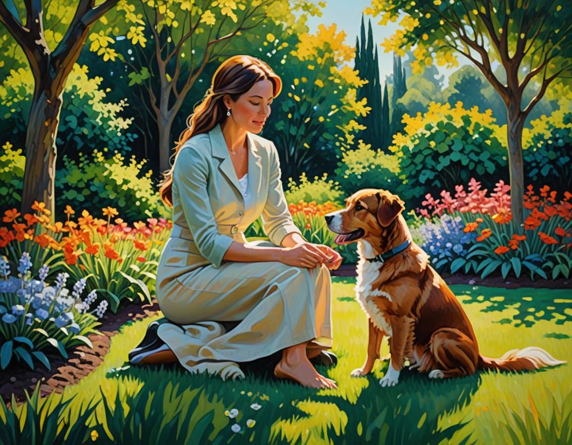 Textured Acrylic Painting of Woman and Dog in Garden
