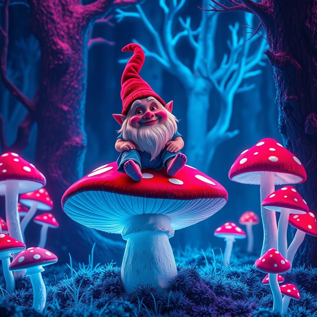 Gnome in Whimsical Forest Scene with Neon Mushrooms