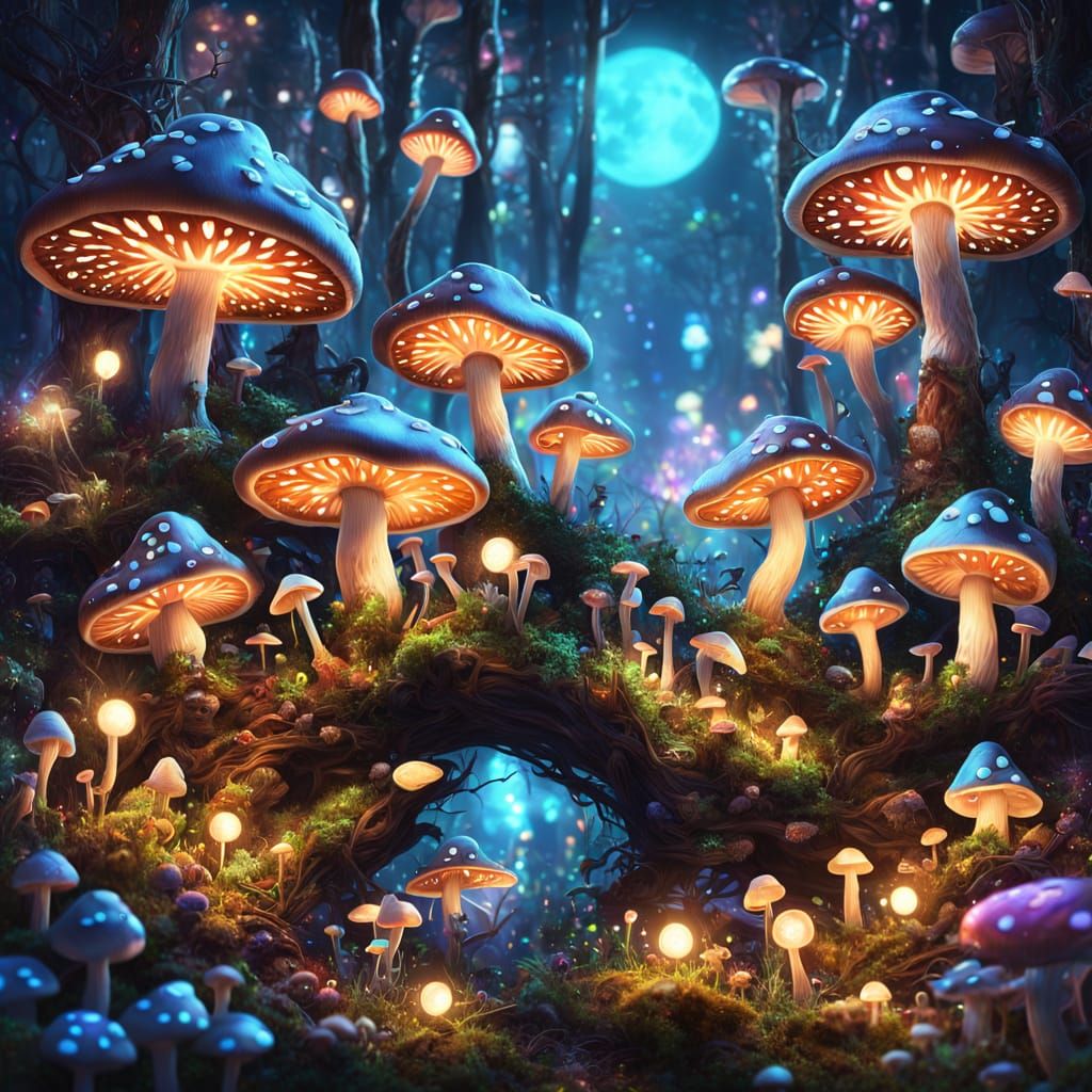 Neon Mushroom Creature in Glowing Forest